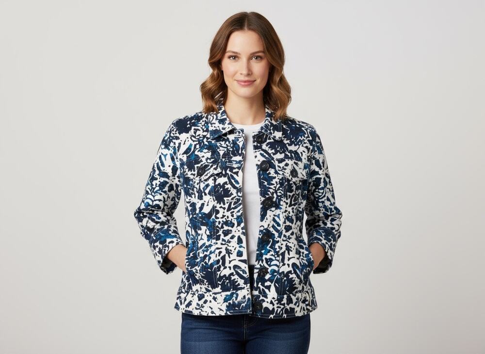 Coldwater Creek Jacquard Jacket Blue White Cotton 3/4 Sleeve Petite P8